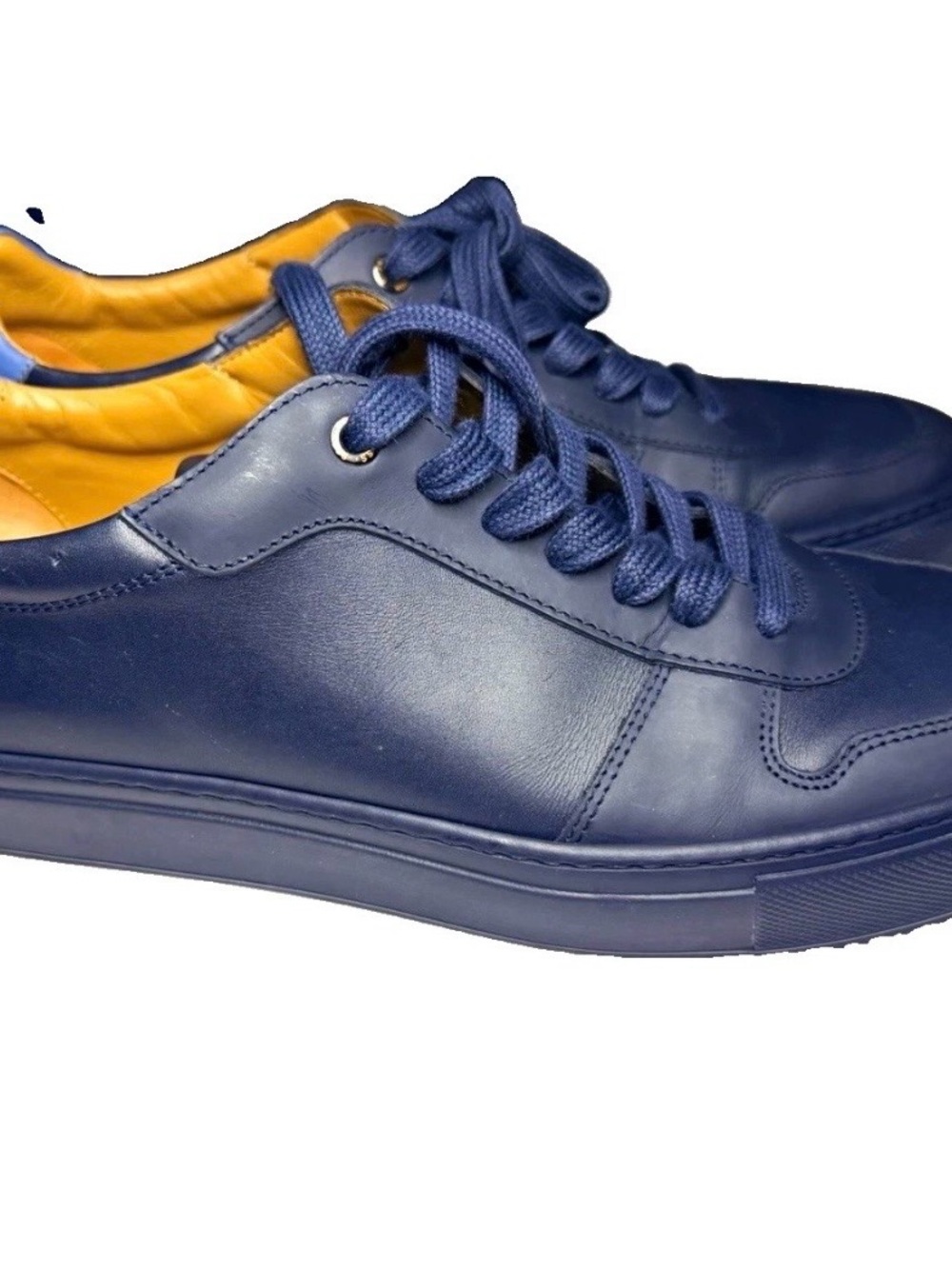 Hugo Boss Navy Leather Low-Top Sneakers with Yellow Lining
